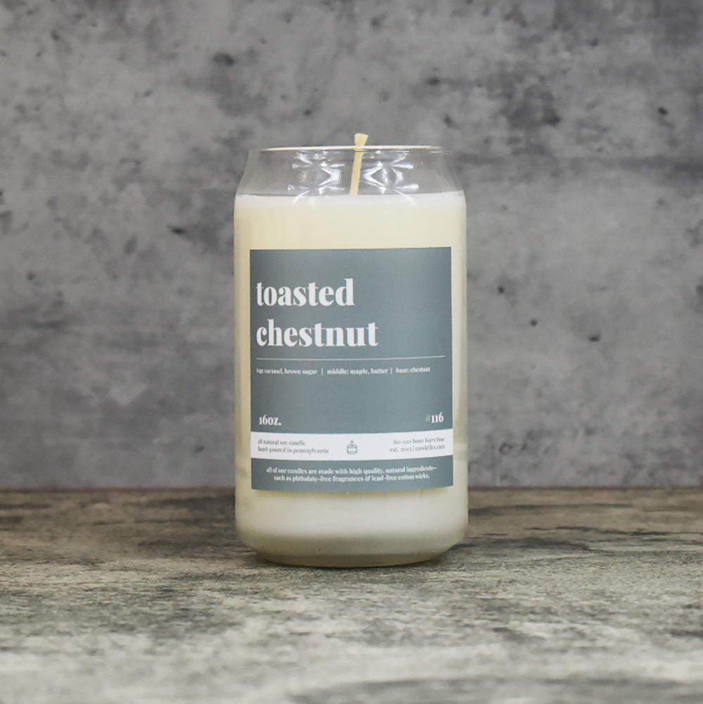 Toasted Chestnut scent soy wax candle in can shaped glass vessel with tapered top and soft gray label